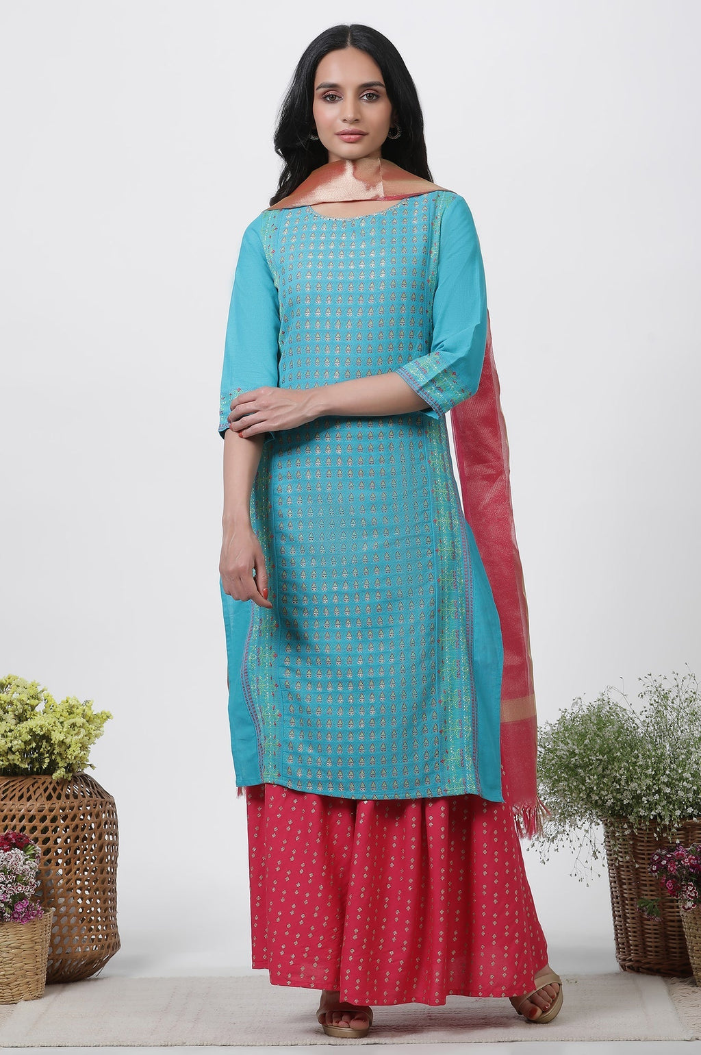 W for Woman Blue Dobby Kurta, Sharara And Dupatta Set | Grocsy