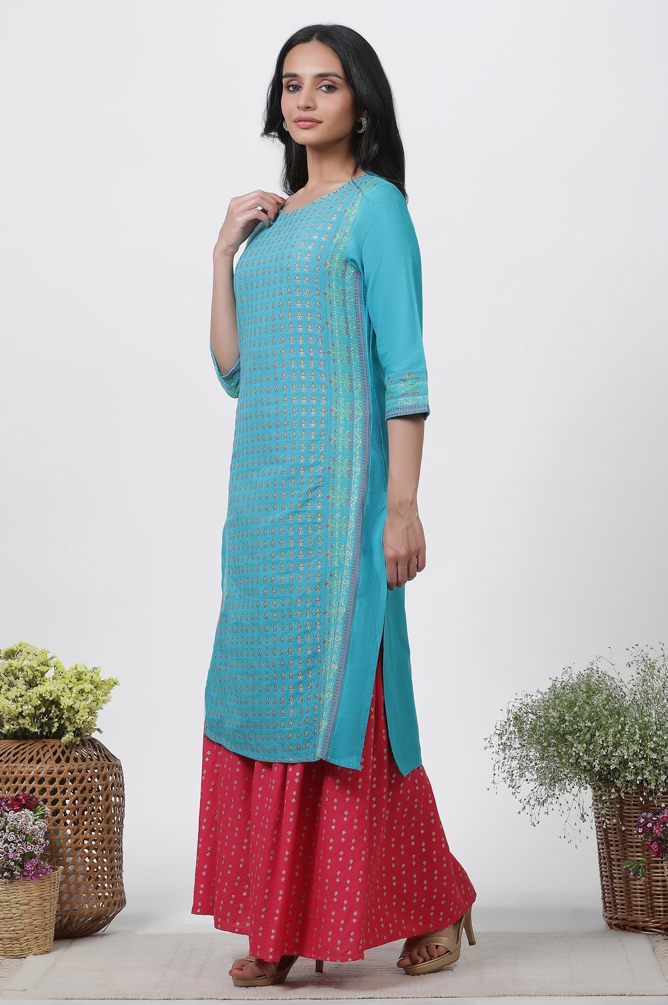 W for Woman Blue Dobby Kurta, Sharara And Dupatta Set | Grocsy