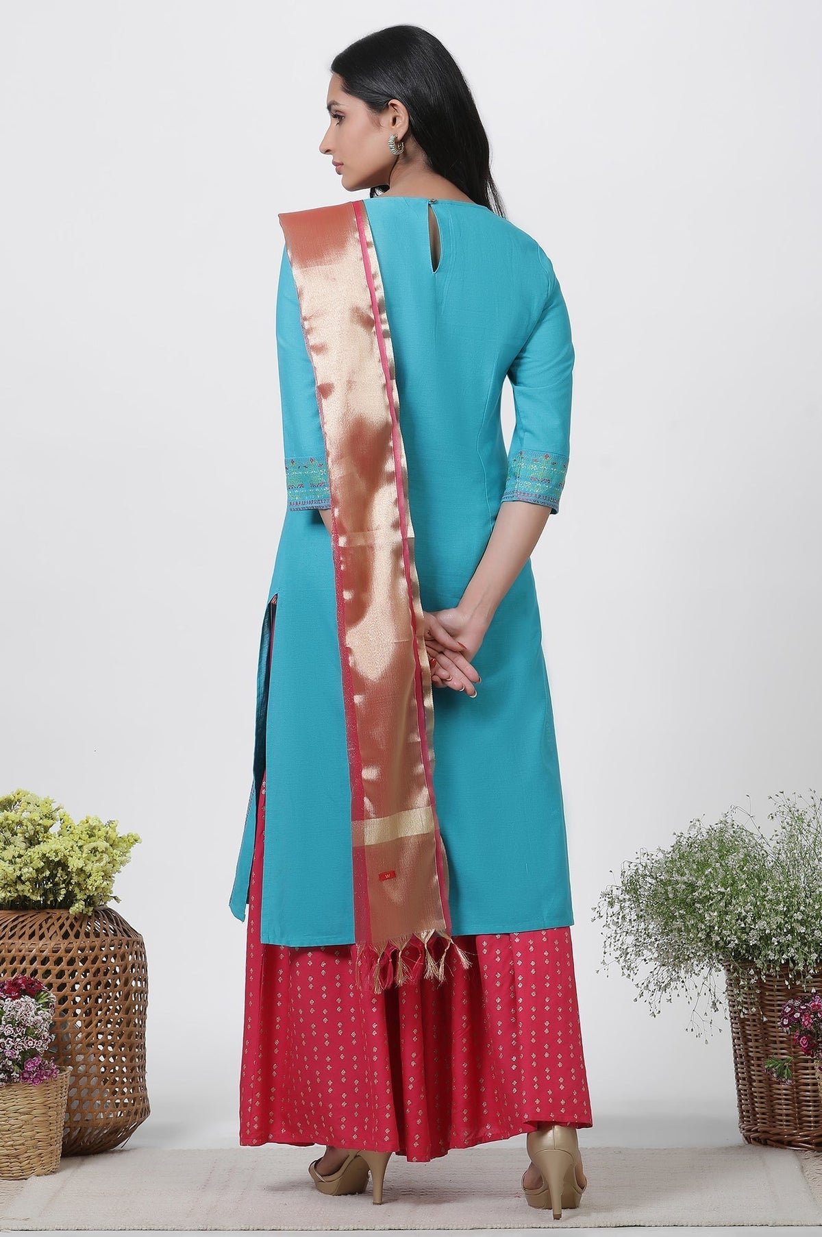 W for Woman Blue Dobby Kurta, Sharara And Dupatta Set | Grocsy