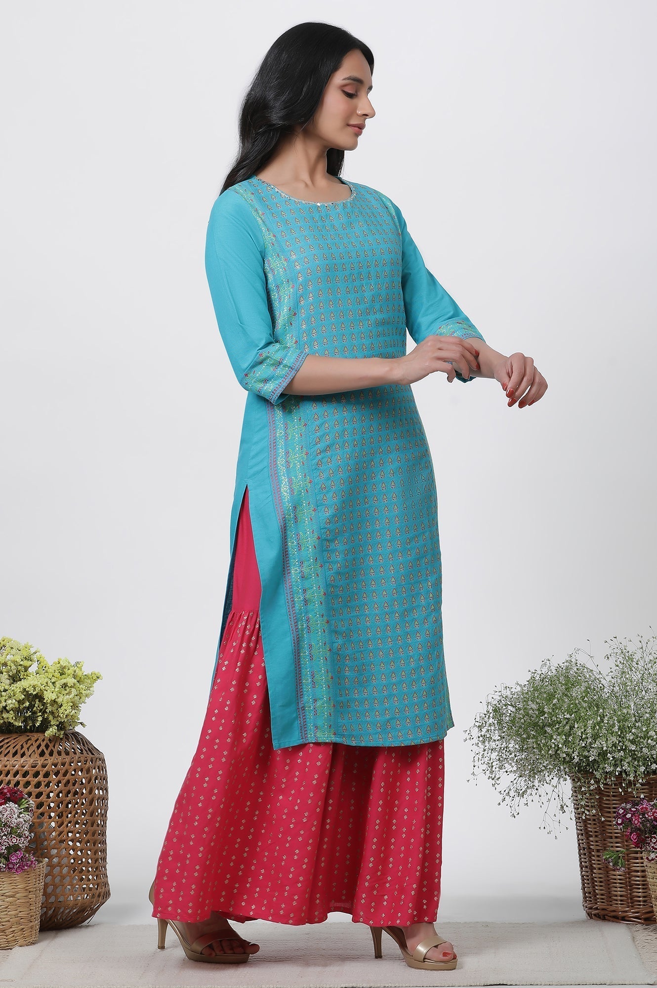 W for Woman Blue Dobby Kurta, Sharara And Dupatta Set | Grocsy