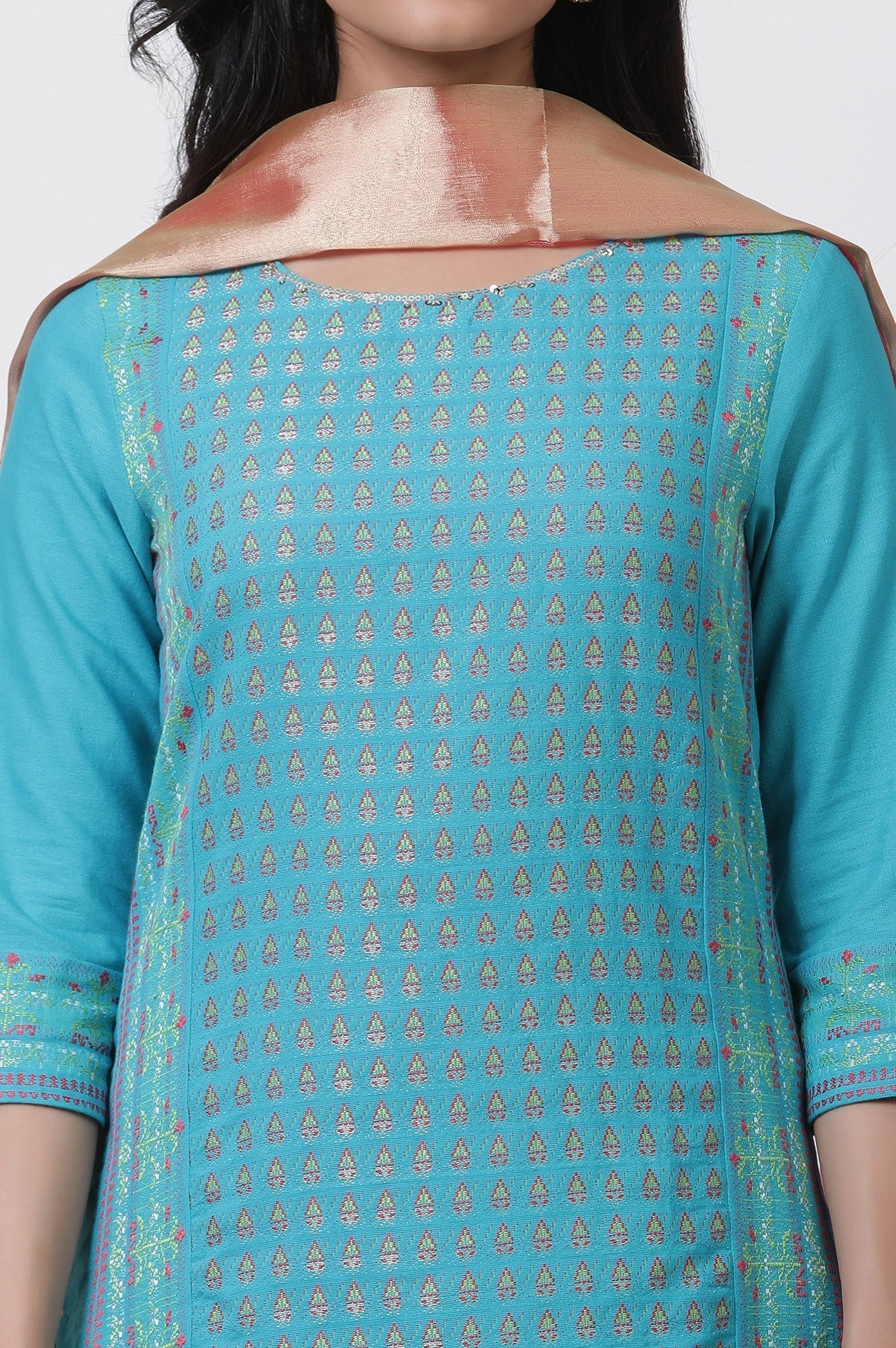 W for Woman Blue Dobby Kurta, Sharara And Dupatta Set | Grocsy