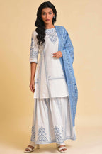 W for Woman White Printed A-Line Short kurta, Sharara & Dupatta Set | Grocsy