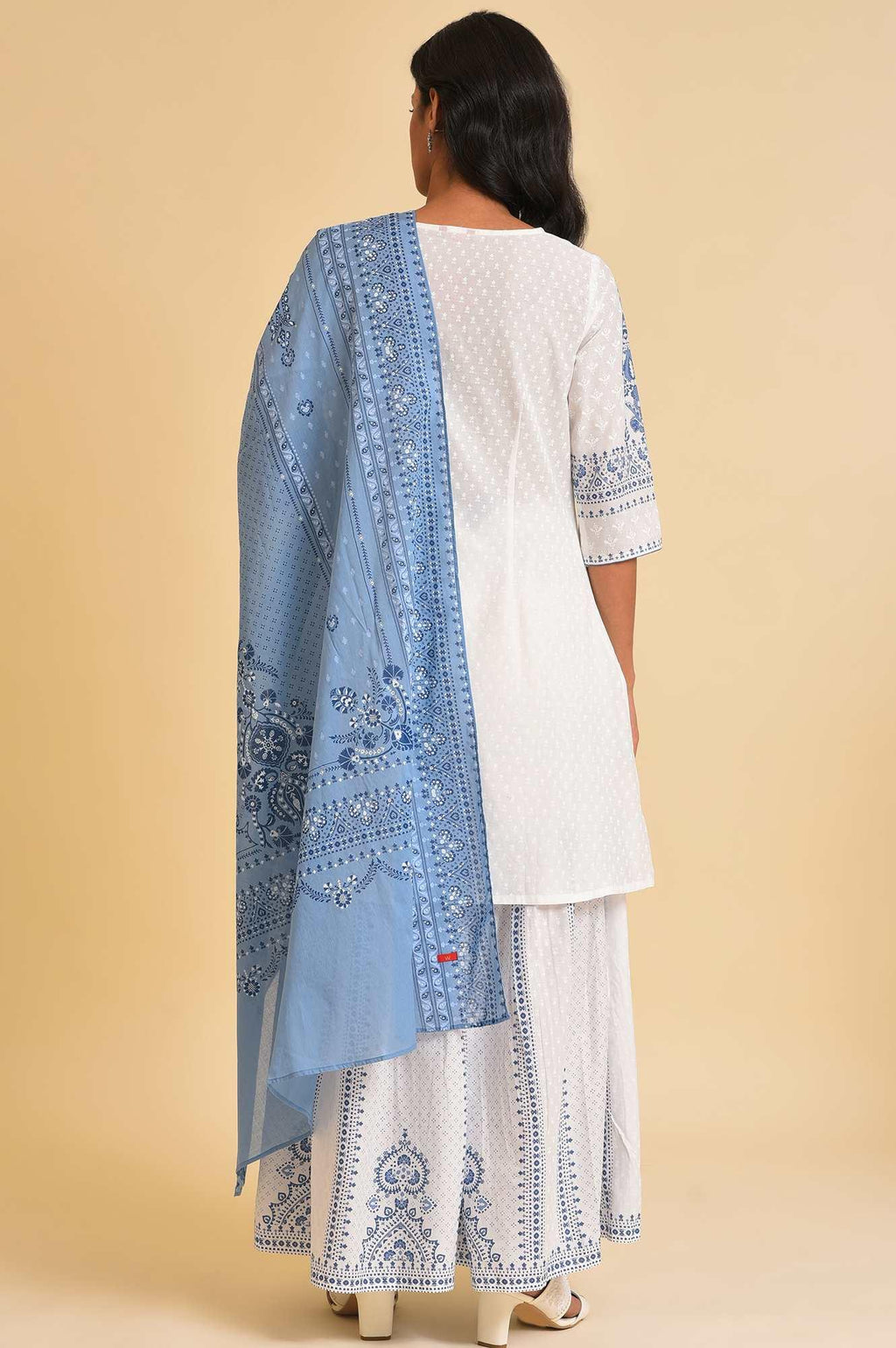 W for Woman White Printed A-Line Short kurta, Sharara & Dupatta Set | Grocsy