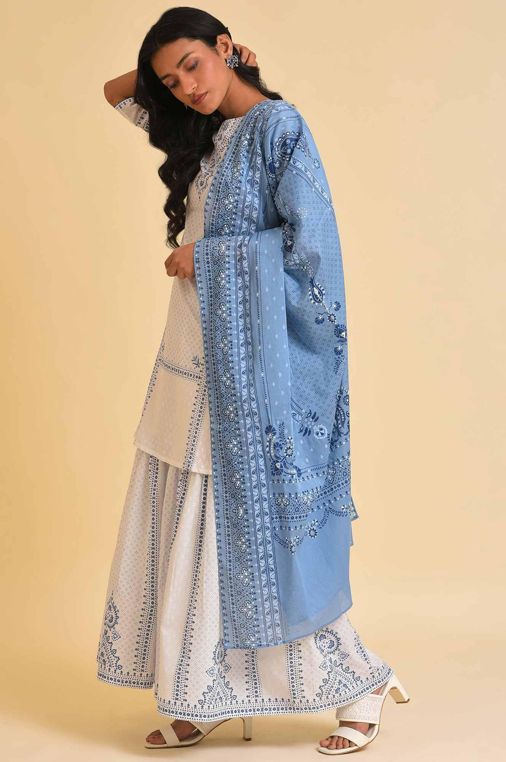 W for Woman White Printed A-Line Short kurta, Sharara & Dupatta Set | Grocsy