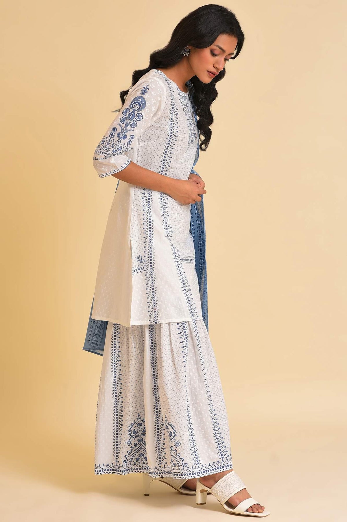 W for Woman White Printed A-Line Short kurta, Sharara & Dupatta Set | Grocsy