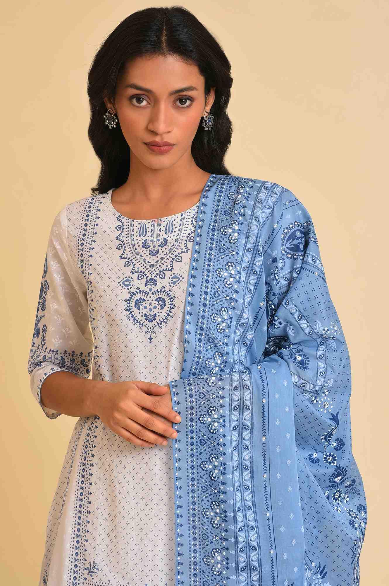 W for Woman White Printed A-Line Short kurta, Sharara & Dupatta Set | Grocsy