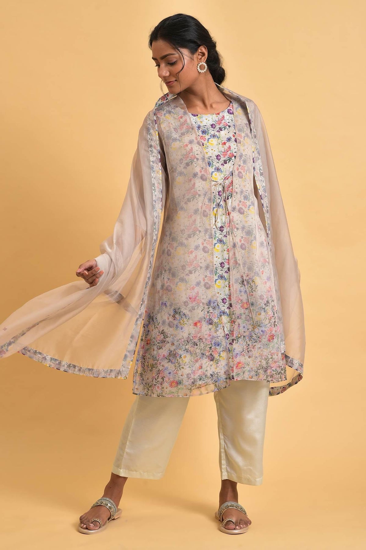 W for Woman Ecru Floral Print Jacket kurta Set | Grocsy