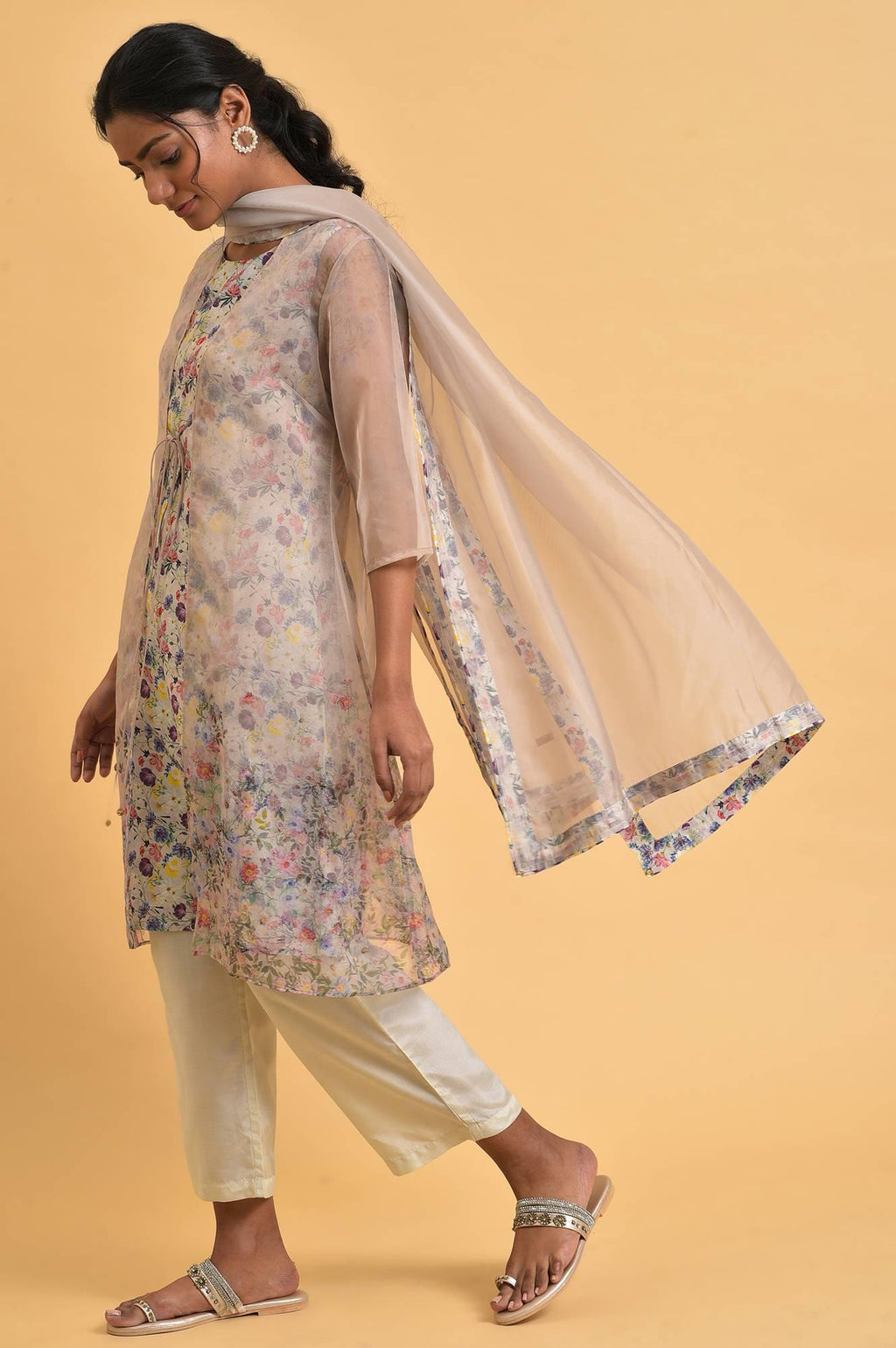 W for Woman Ecru Floral Print Jacket kurta Set | Grocsy