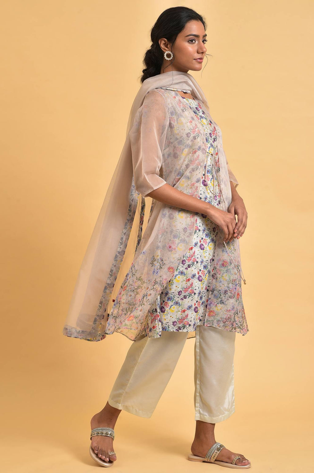 W for Woman Ecru Floral Print Jacket kurta Set | Grocsy