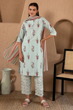 W for Woman Turquoise Green Floral Printed With Lace Pure Cotton Straight Kurta and Pants Set with Kota Dupatta | Grocsy