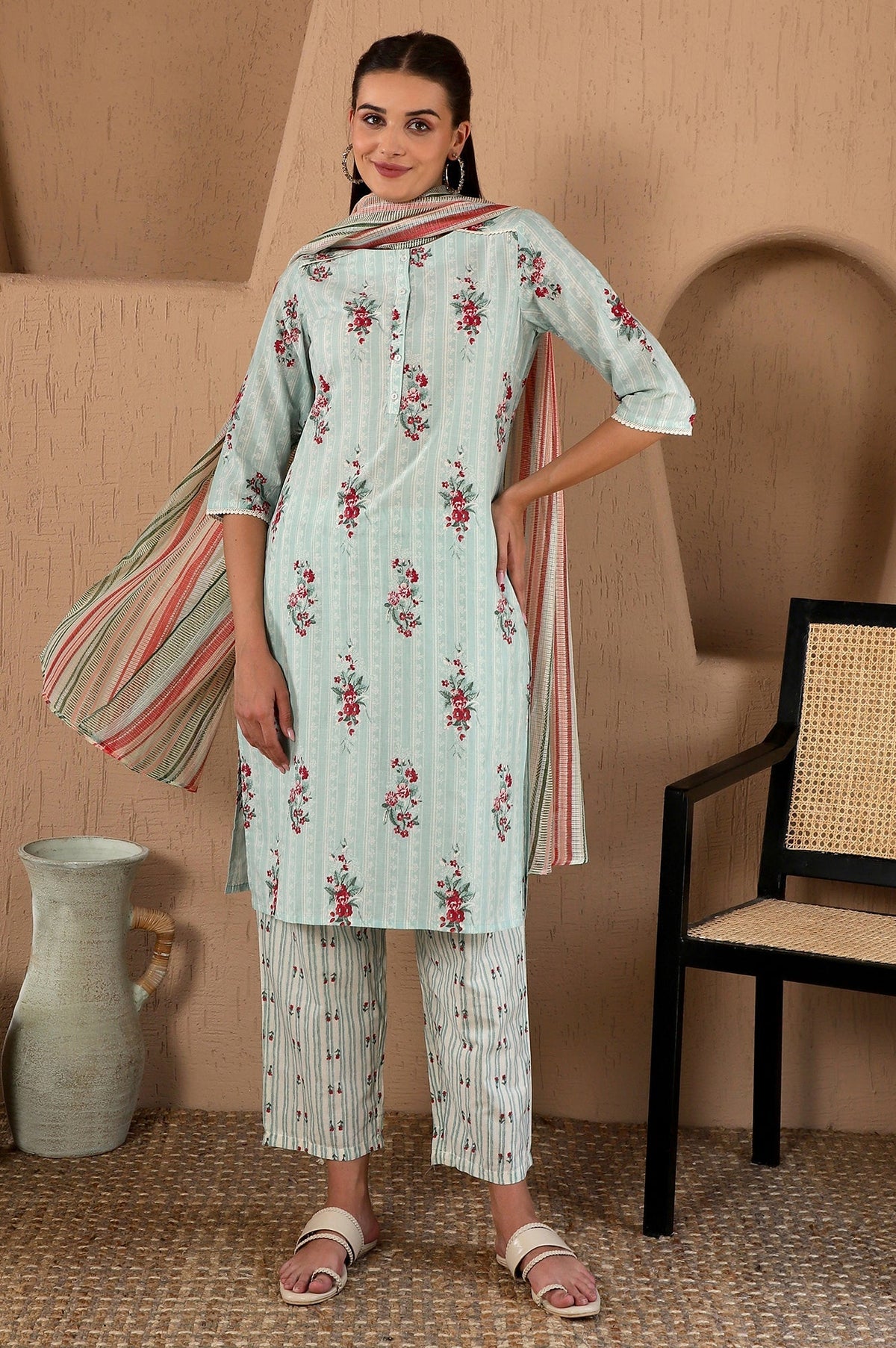 W for Woman Turquoise Green Floral Printed With Lace Pure Cotton Straight Kurta and Pants Set with Kota Dupatta | Grocsy