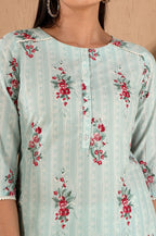 W for Woman Turquoise Green Floral Printed With Lace Pure Cotton Straight Kurta and Pants Set with Kota Dupatta | Grocsy