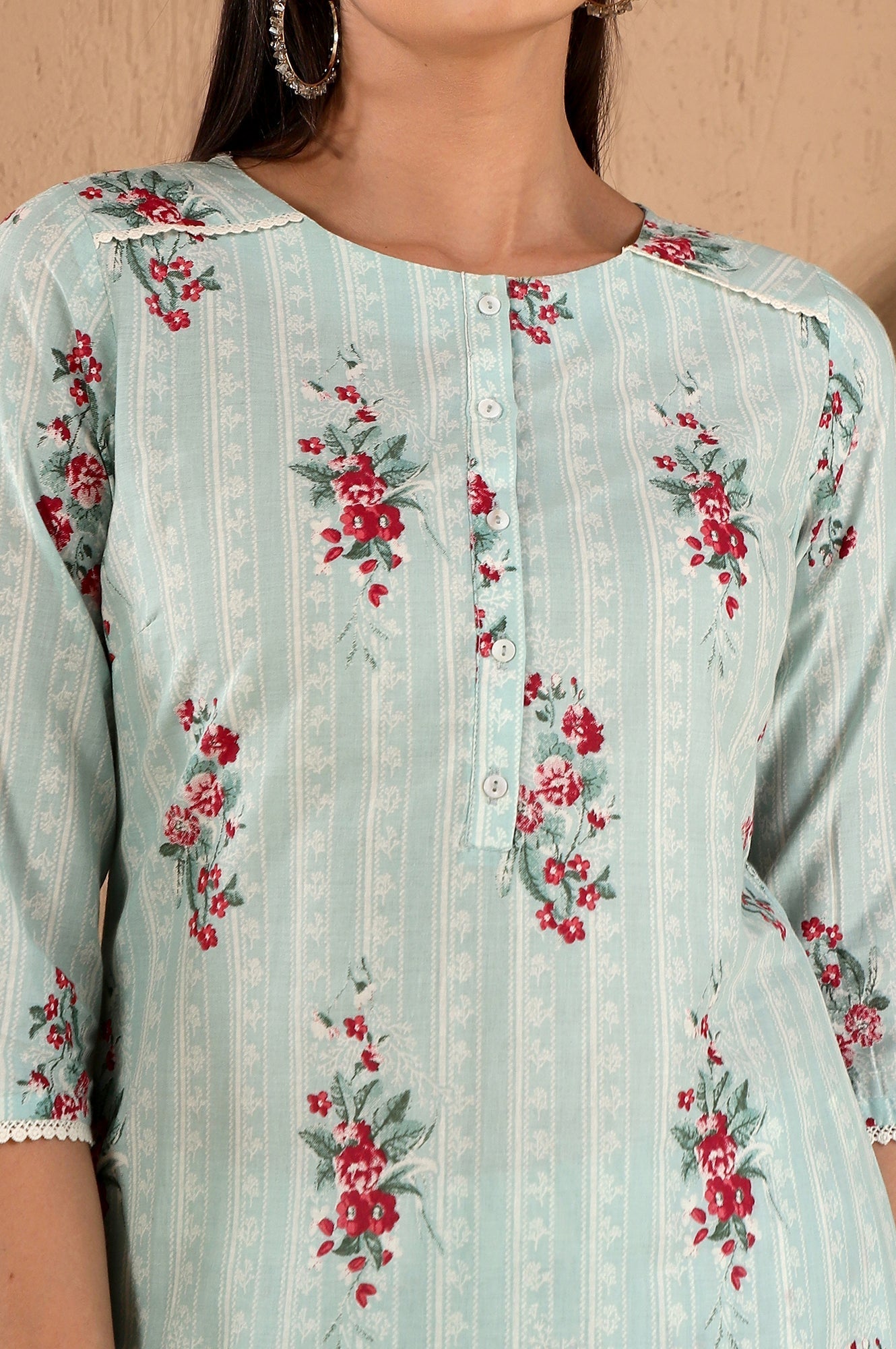 W for Woman Turquoise Green Floral Printed With Lace Pure Cotton Straight Kurta and Pants Set with Kota Dupatta | Grocsy