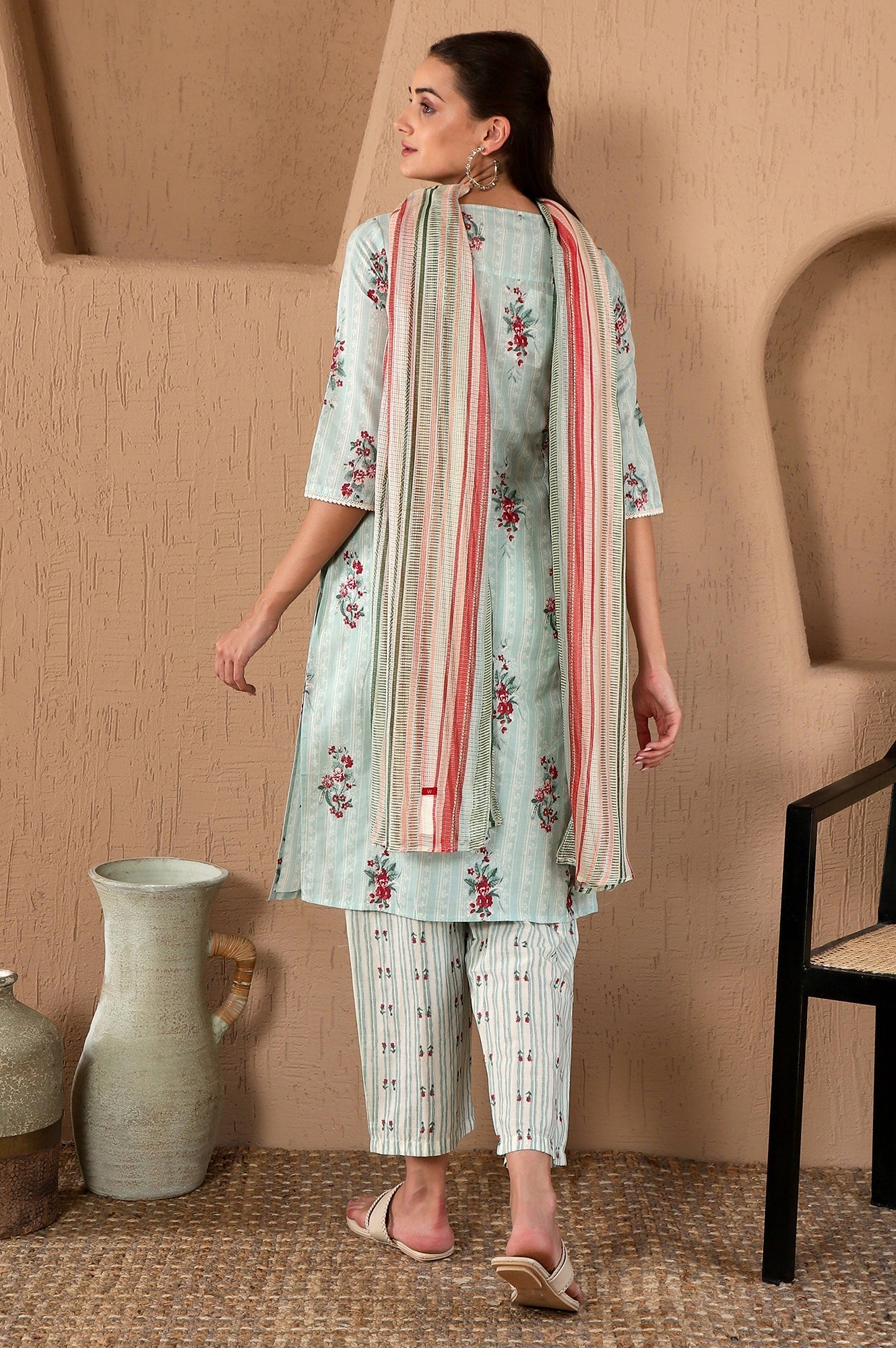 W for Woman Turquoise Green Floral Printed With Lace Pure Cotton Straight Kurta and Pants Set with Kota Dupatta | Grocsy