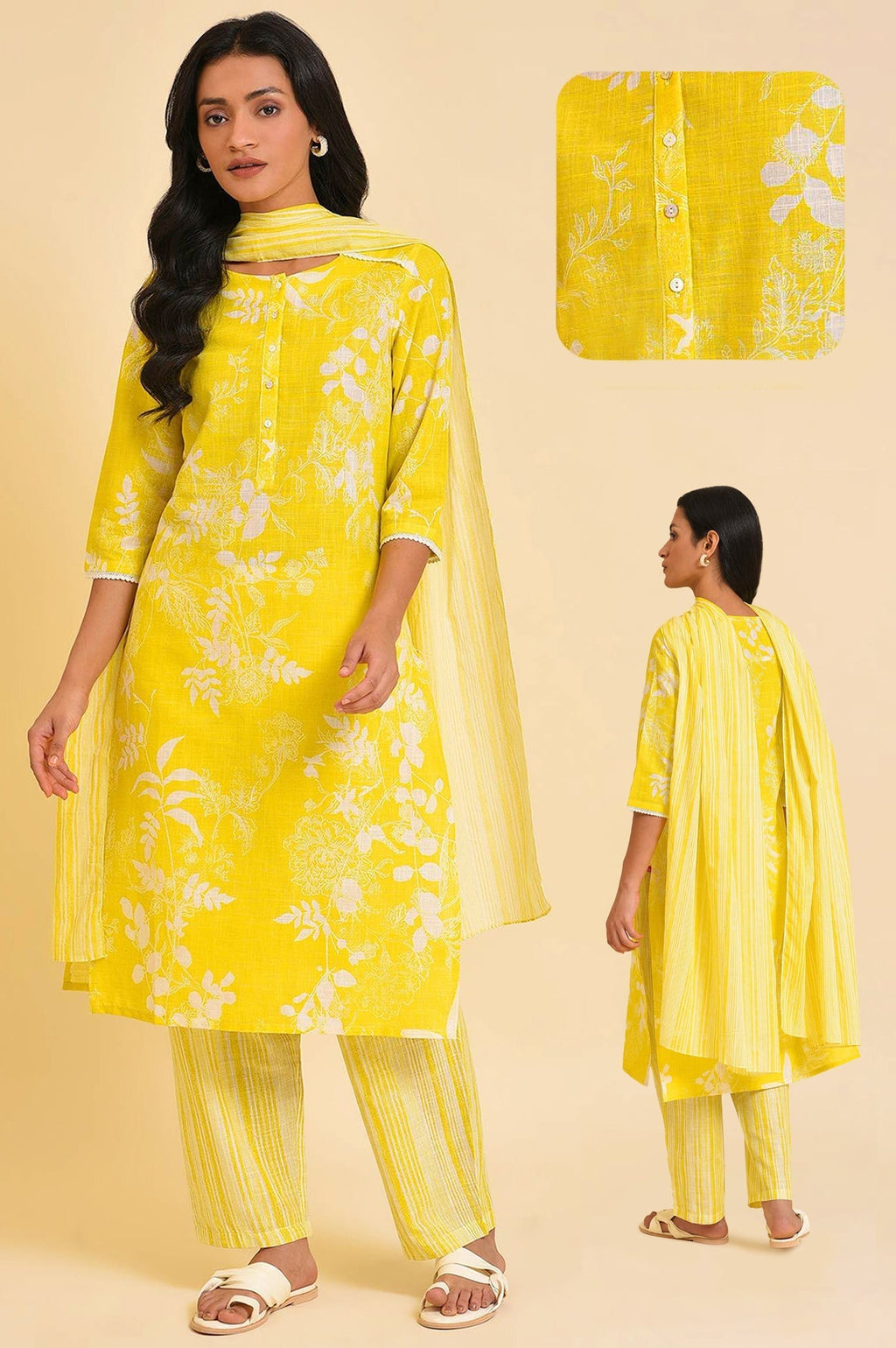 W for Woman Yellow Floral Printed Pure Cotton Lace Kurta and Pants Set with Dupatta | Grocsy