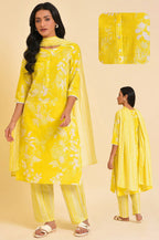 W for Woman Yellow Floral Printed Pure Cotton Lace Kurta and Pants Set with Dupatta | Grocsy
