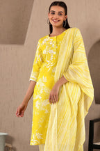 W for Woman Yellow Floral Printed Pure Cotton Lace Kurta and Pants Set with Dupatta | Grocsy