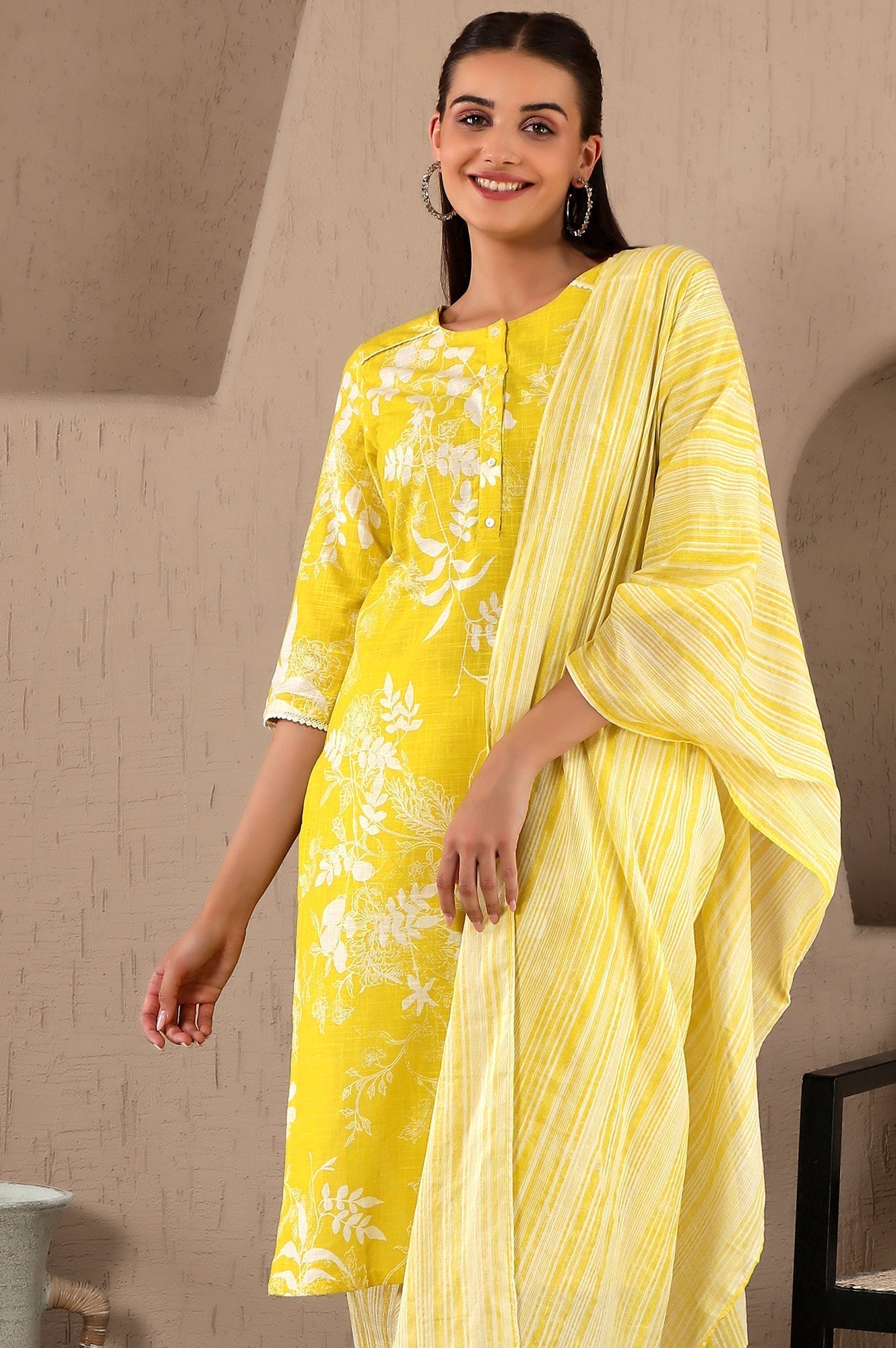 W for Woman Yellow Floral Printed Pure Cotton Lace Kurta and Pants Set with Dupatta | Grocsy