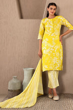 W for Woman Yellow Floral Printed Pure Cotton Lace Kurta and Pants Set with Dupatta | Grocsy