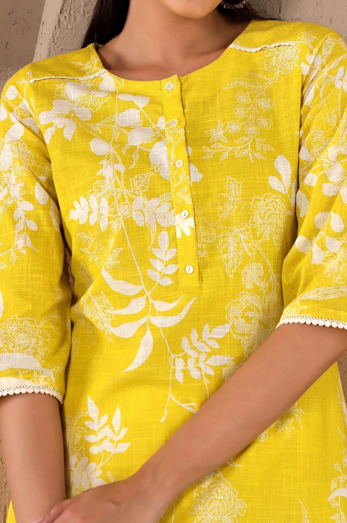 W for Woman Yellow Floral Printed Pure Cotton Lace Kurta and Pants Set with Dupatta | Grocsy