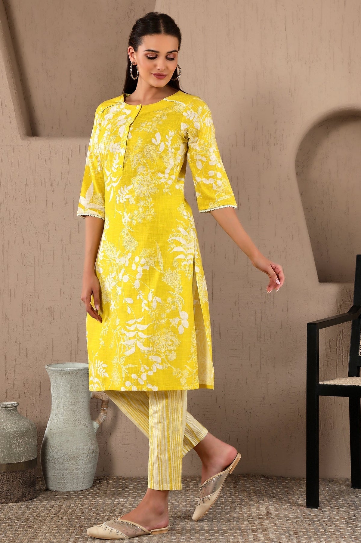 W for Woman Yellow Floral Printed Pure Cotton Lace Kurta and Pants Set with Dupatta | Grocsy