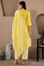 W for Woman Yellow Floral Printed Pure Cotton Lace Kurta and Pants Set with Dupatta | Grocsy