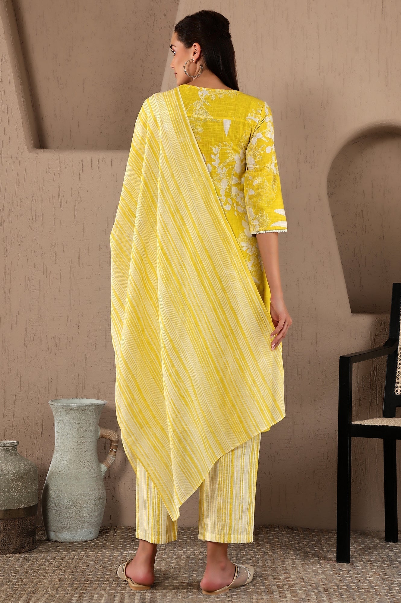 W for Woman Yellow Floral Printed Pure Cotton Lace Kurta and Pants Set with Dupatta | Grocsy