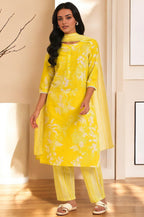W for Woman Yellow Floral Printed Pure Cotton Lace Kurta and Pants Set with Dupatta | Grocsy