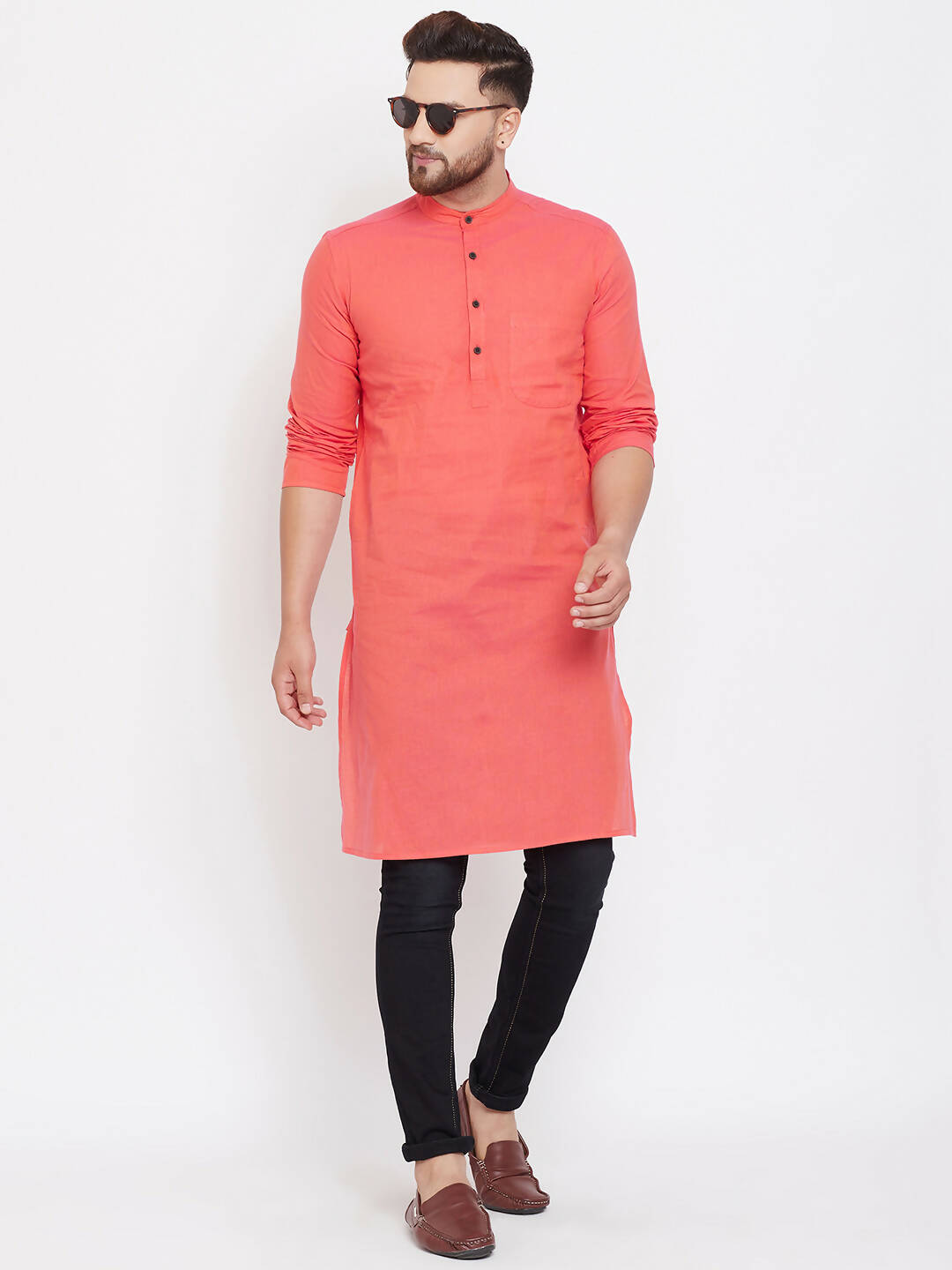 Even Apparels Red Pure Cotton Men's Kurta With Band Collar | Grocsy