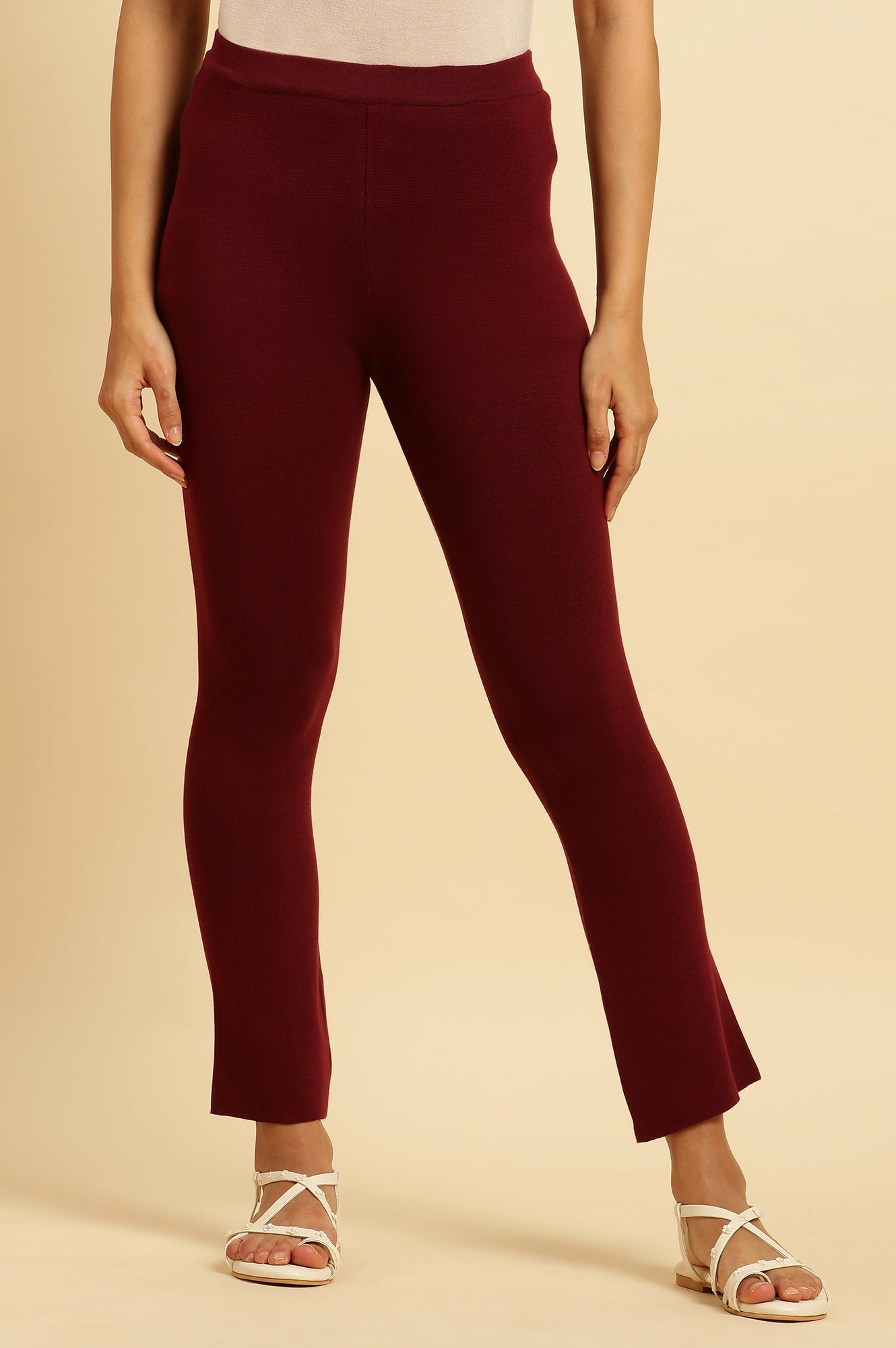 W for Woman Maroon Solid Fit And Flare Pants | Grocsy