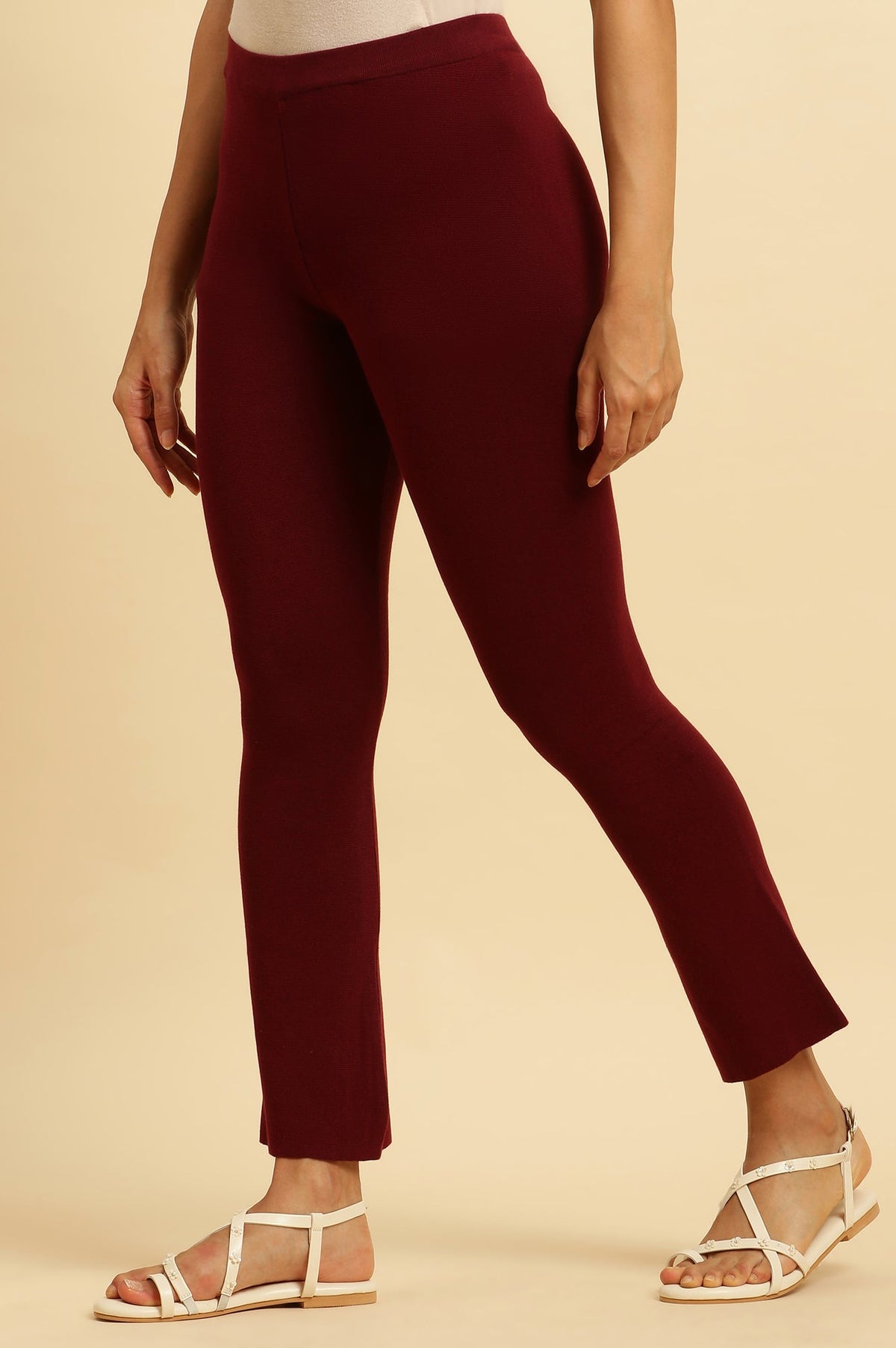 W for Woman Maroon Solid Fit And Flare Pants | Grocsy