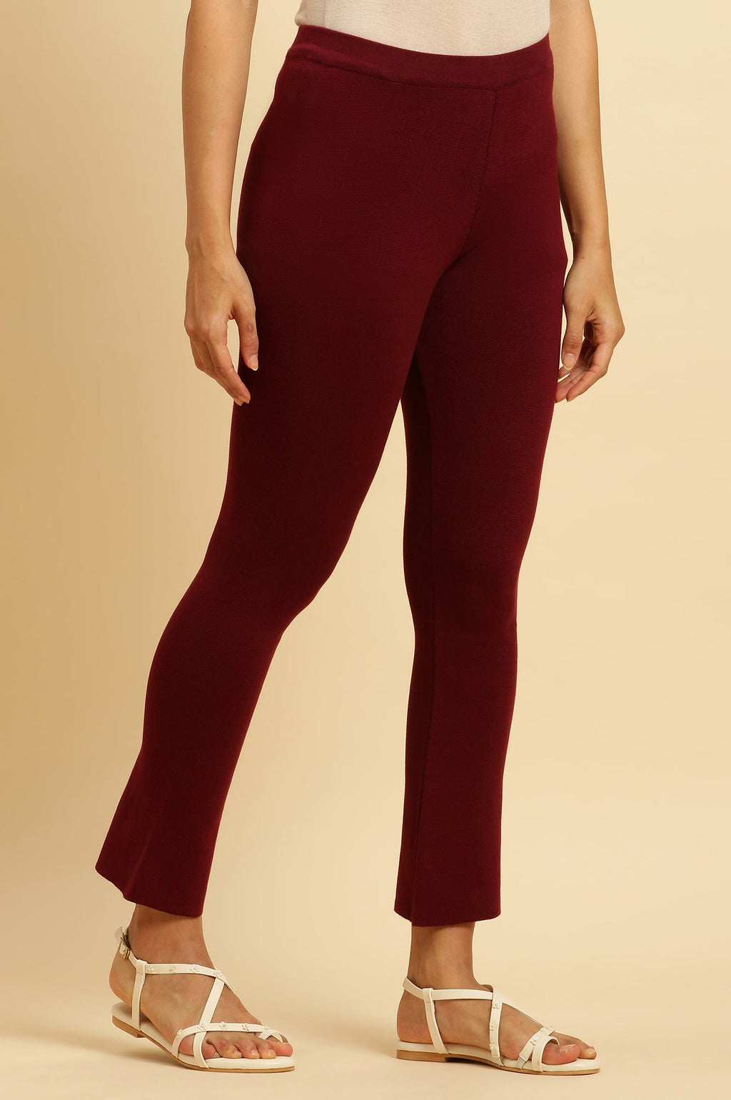 W for Woman Maroon Solid Fit And Flare Pants | Grocsy