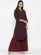 Miravan Women's Cotton Floral Print Straight Kurta Sharara Set | Grocsy