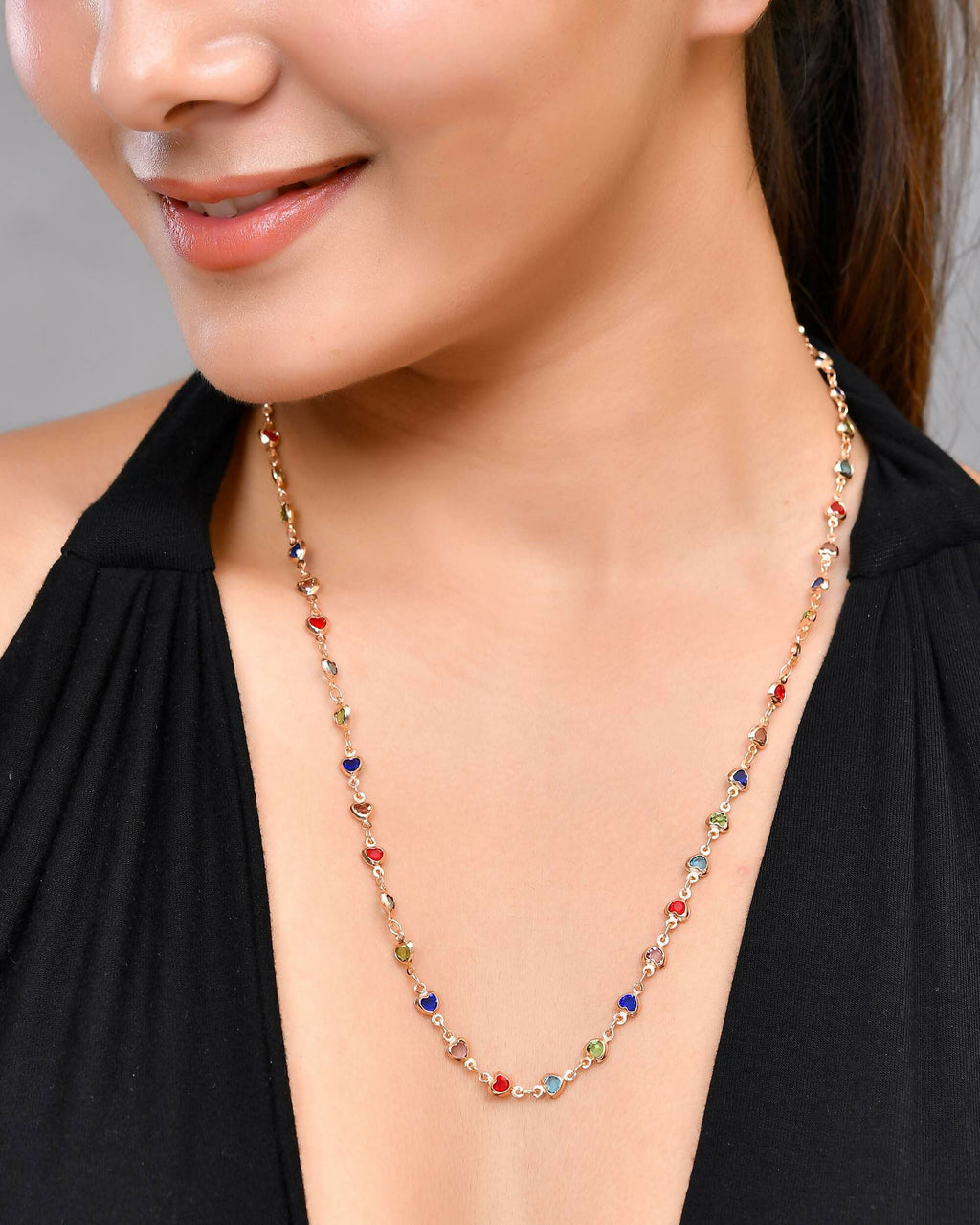 VOJ Gold-Polished Chain For Women With Multi Colour Hearts | Grocsy
