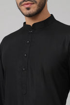 Giza Cotton Black Plain Kurta by Hilo Design | Grocsy