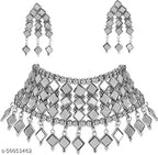 Tehzeeb Creations Women's Silver Colour Oxidised Necklace Set With Mirror Design | Grocsy