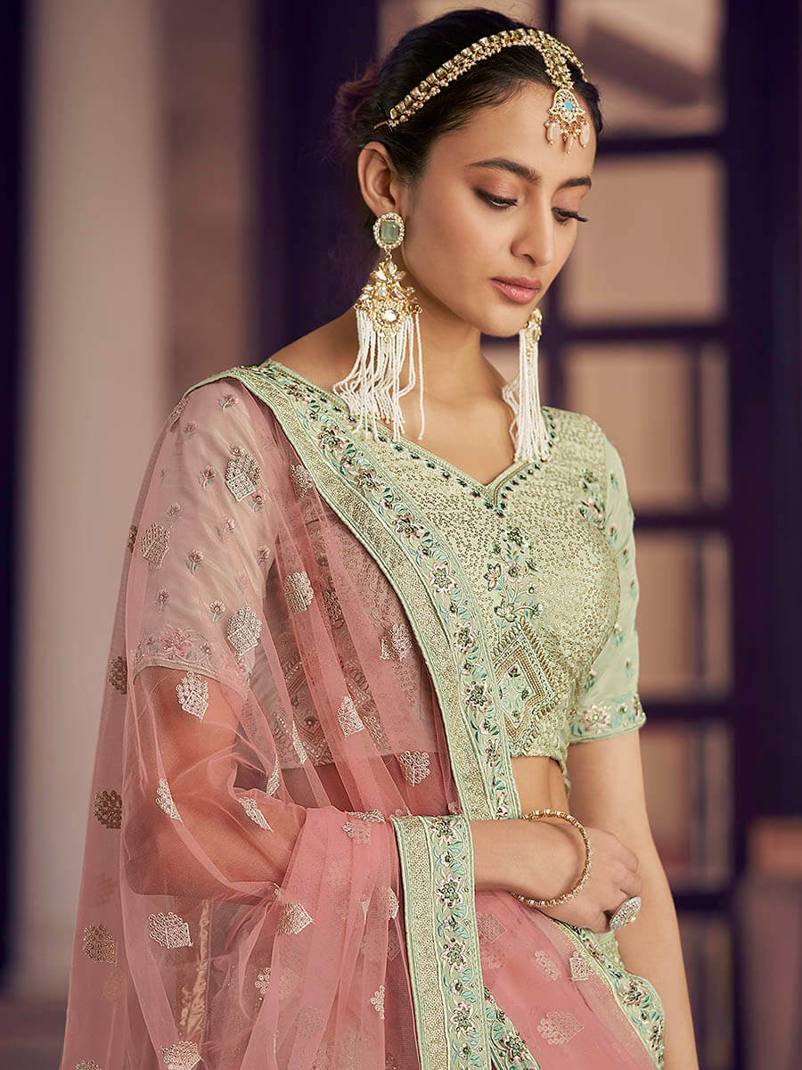 Myra Pista Green Crepe Embroidered Lehenga | Grocsy