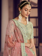 Myra Pista Green Crepe Embroidered Lehenga | Grocsy