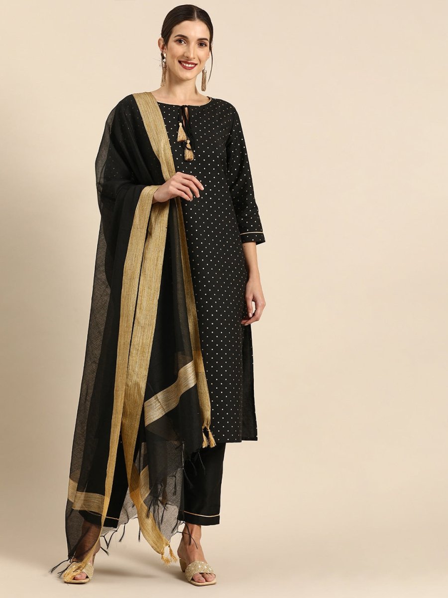 All About You Women Black & Gold Printed Regular Kurta with Trousers & Dupatta | Grocsy