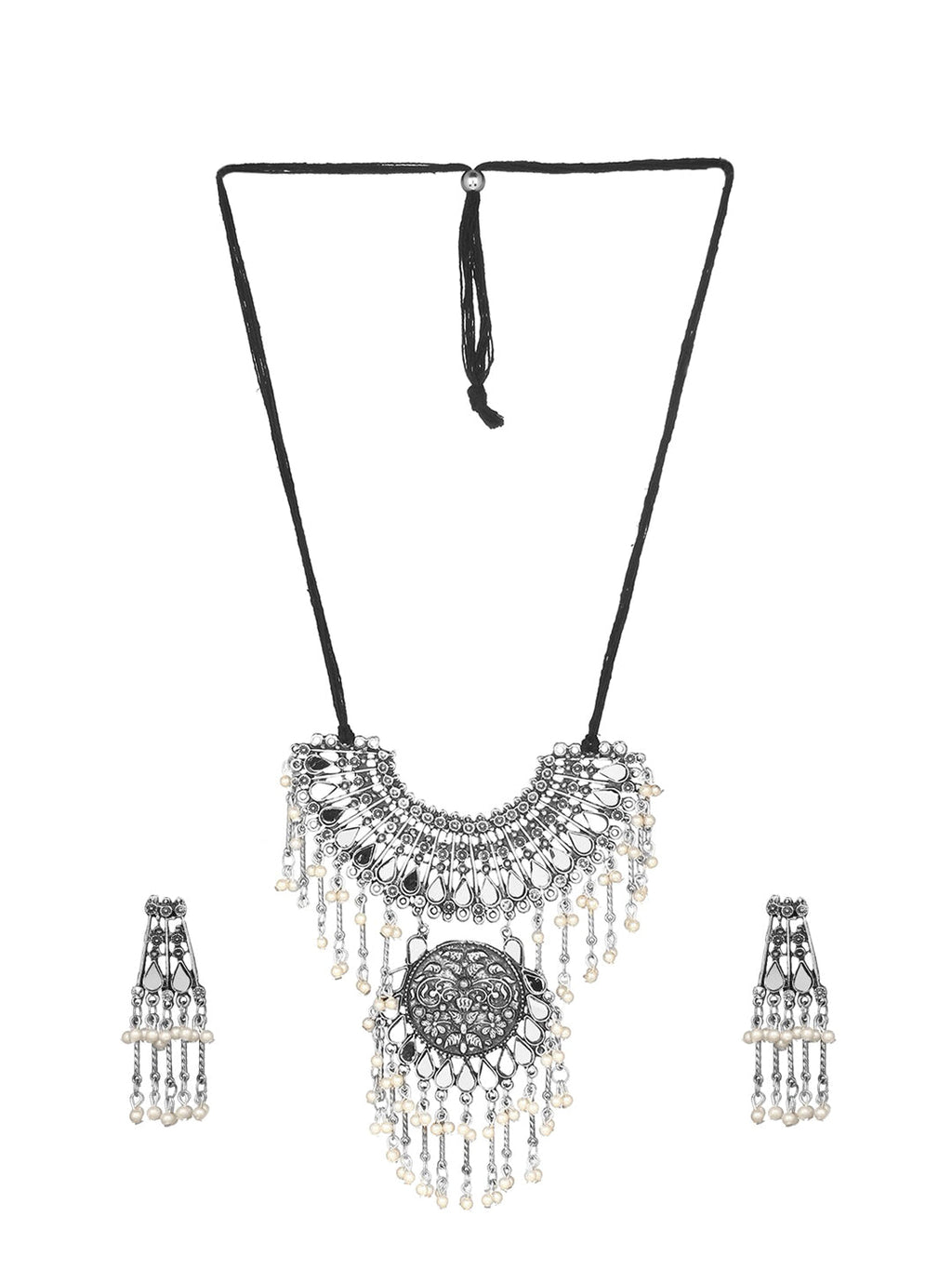 Cardinal Silver-Toned Mirror Studded & Beaded Oxidised Choker Jewellery Set | Grocsy