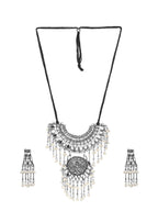Cardinal Silver-Toned Mirror Studded & Beaded Oxidised Choker Jewellery Set | Grocsy
