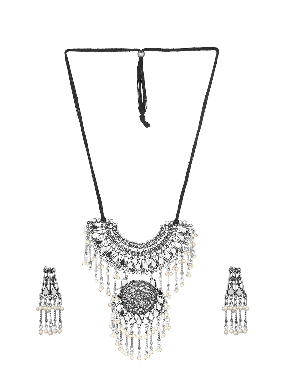 Cardinal Silver-Toned Mirror Studded & Beaded Oxidised Choker Jewellery Set | Grocsy