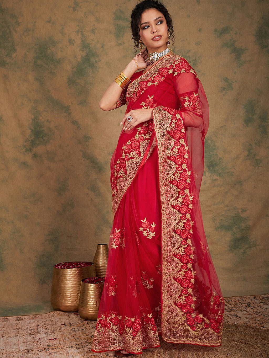 Sangria Ethnic Motifs Embroidered Net Saree | Grocsy