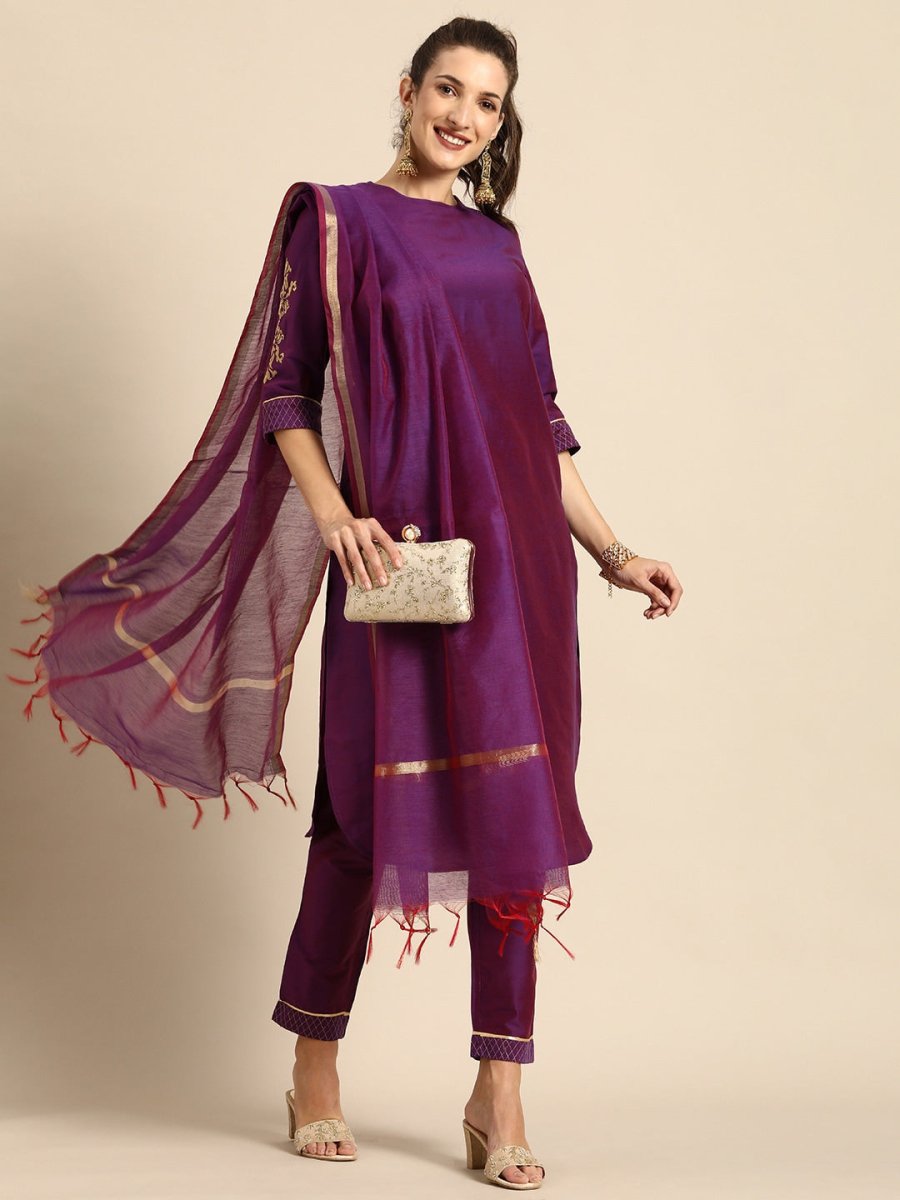 All About You Women Purple Zari Embroidered Regular Kurta with Trousers & Dupatta | Grocsy