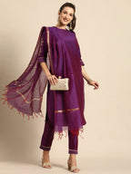 All About You Women Purple Zari Embroidered Regular Kurta with Trousers & Dupatta | Grocsy