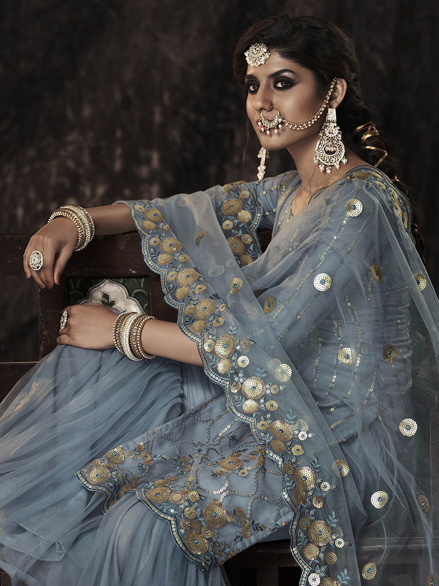 Myra Grey Net Embroidered Sharara Suit | Grocsy