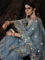Myra Grey Net Embroidered Sharara Suit | Grocsy