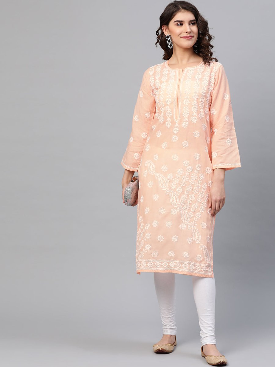 ADA Women Peach-Coloured & White Chikankari Embroidered Cotton Straight Sustainable Kurta | Grocsy
