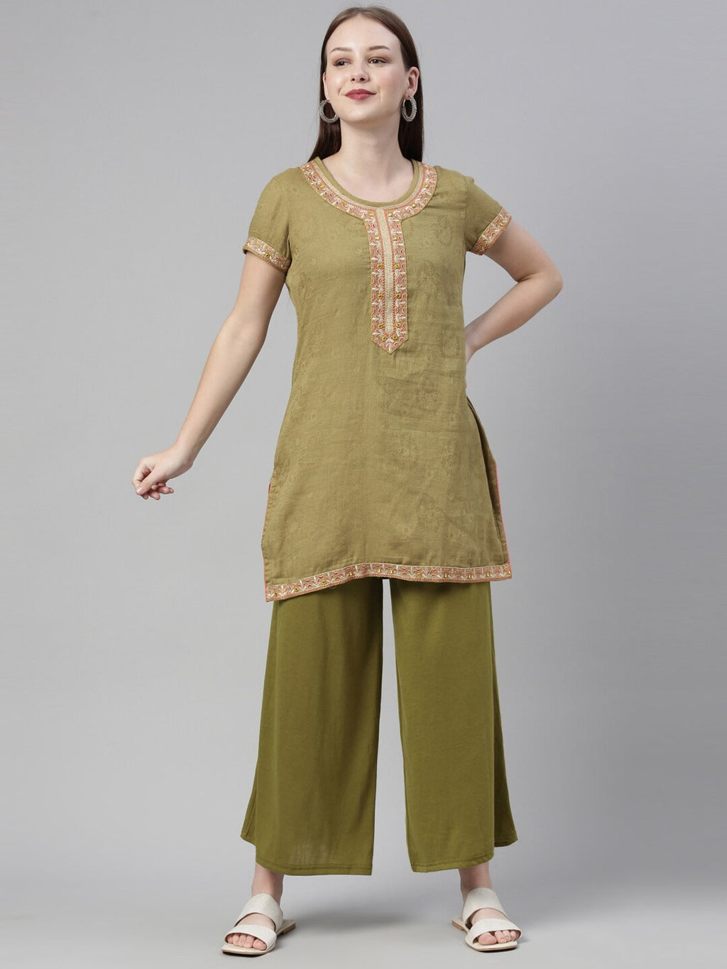 Souchii Olive Green Knitted Ethnic Palazzos | Grocsy