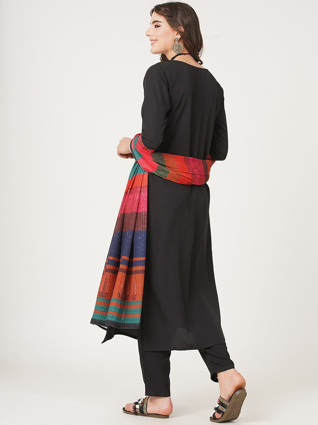 HERE&NOW Black And Red Straight Kurta with Trousers & With Dupatta | Grocsy